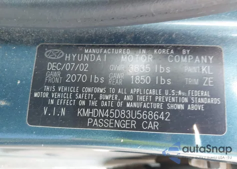 2003 Hyundai Elantra Gls/Gt из США, поврежденный, VIN KMHDN45D83U568642